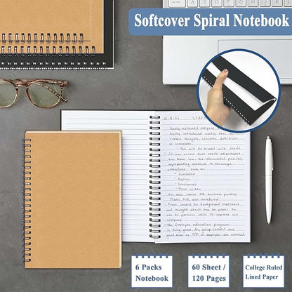 GINMLYDA 6Pack Small Spiral Notebook A5, 8.25x5.5” 120 Lined Pages Wide Ruled Spiral Journal Bulk Blank Kraft Cover Spiral Bound Notebook & Writing Pads for Home Office Meeting Work Note Taking