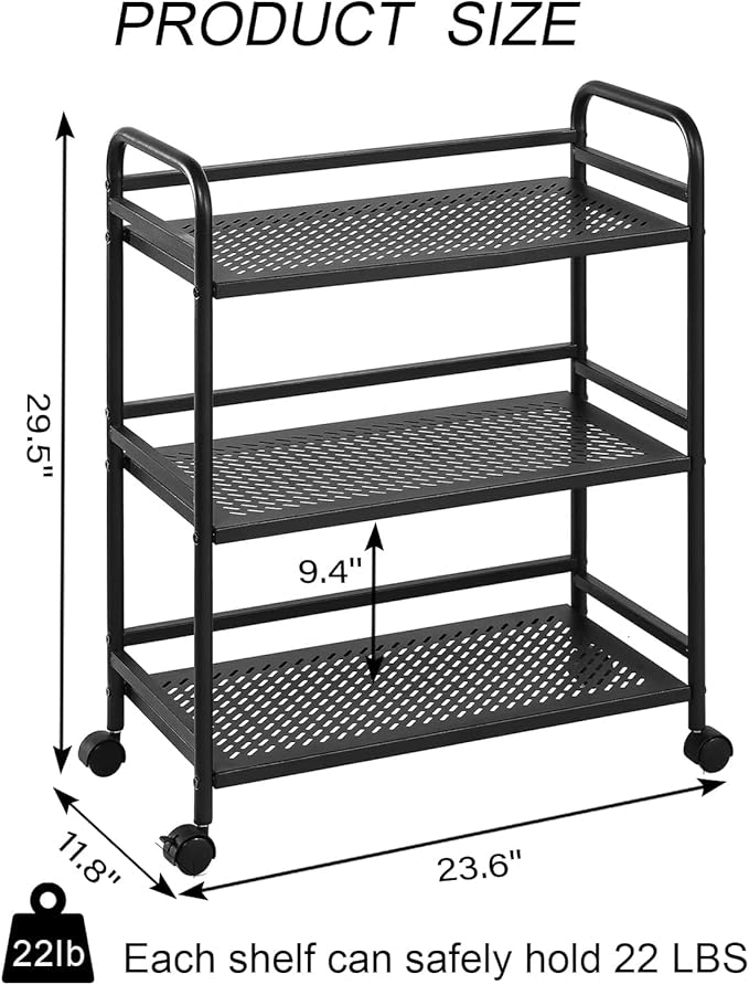 GYCZYCX 3-Tier Mesh Metal Rolling Cart,Multipurpose Heavy Duty Cart,Multipurpose Storage Rack,Utility Cart,High Capacity Cart with Locking Wheels (Black)