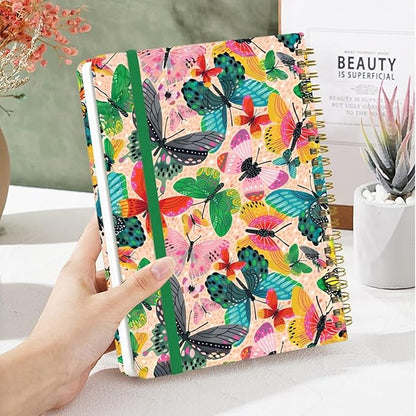 Spiral Notebook - A5 Spiral Notebooks, 8.3'' × 5.8'', 160 Pages, Aesthetic Journaling Notebooks for Women, College Lined Notebook with Elastic Closure, Back Pocket, for School Office, Butterfly Pink