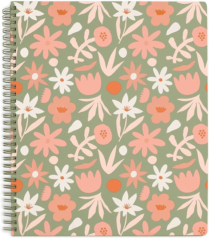 Steel Mill & Co Cute Large Spiral Notebook College Ruled, 11" x 9.5" with Durable Hardcover and 160 Lined Pages, Star Floral, Green
