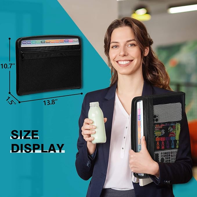 H4D Zippered Accordion File Organizer with Front Mesh Pouch, 13 Pocket Expanding File Folder, Fit for Documents Letter Size A4 Papers, Black