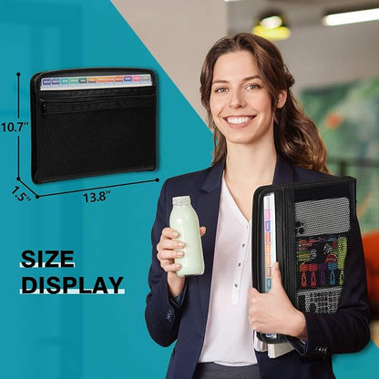 H4D Zippered Accordion File Organizer with Front Mesh Pouch, 13 Pocket Expanding File Folder, Fit for Documents Letter Size A4 Papers, Black