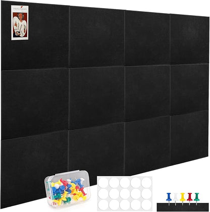 YOUEON Black Felt Bulletin Board for Wall 48" x 36", 12 Pack Black Cork Board Alternative with Pushpins & Self Adhesive Stickers, Soundproof Wall Tiles, Pin Boards for Home Office School