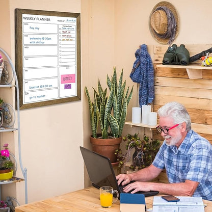 Dry Erase White Board Weekly Calendar Board, Magnetic Whiteboard for Wall,18“x24 Solid Wood Rustic Brown Framed Message Board, Planner Board for Office, Home, School(Weekly-BB-RB-4560)