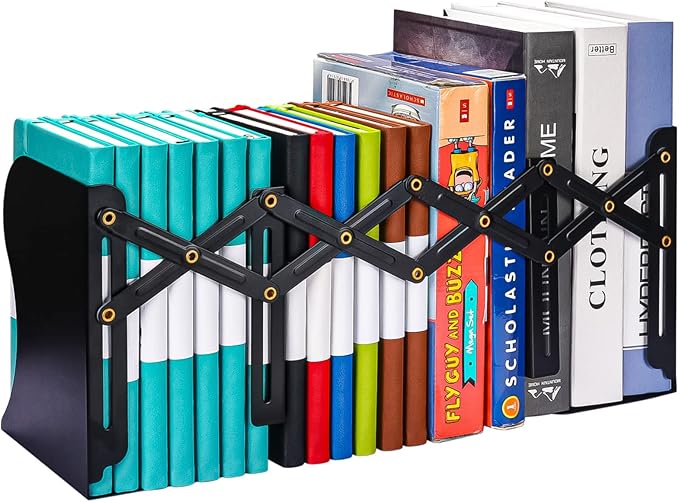 Adjustable Bookends, Metal Book Ends for Heavy Book, 2 Dividers, Nonslip Book Stander for Desk, Shelf, Office, Stationery Gift, Extends up to 19 inches (Black)