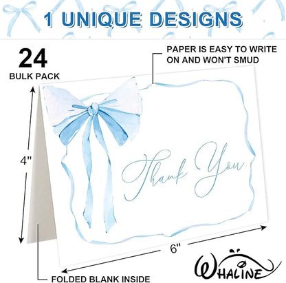 Whaline 24 Packs Blue Bow Thank You Cards Coquette Bowknot Greeting Cards Blank Note Cards with Envelopes and Stickers for Birthday Wedding Baby Shower, 4 x 6 Inch