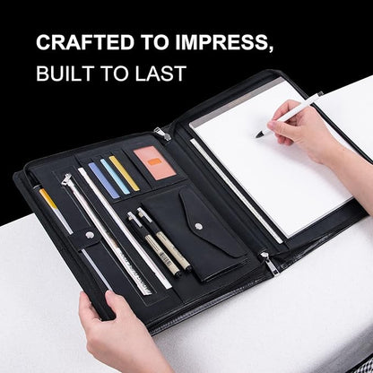 AZXCG Portfolio Binder, Leather Portfolio for Men, Padfolio for Women,Leather Folder, Portfolio Notebook, Gift for Women and Men, Black