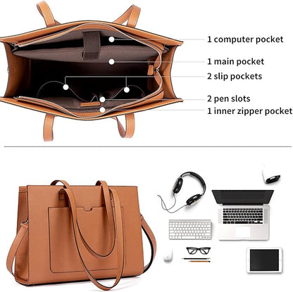Telena Laptop Tote Bag for Women, 15.6 Inch Shoulder Tote Bag Leather Briefcase for Women, Large Capacity Handbag Bags