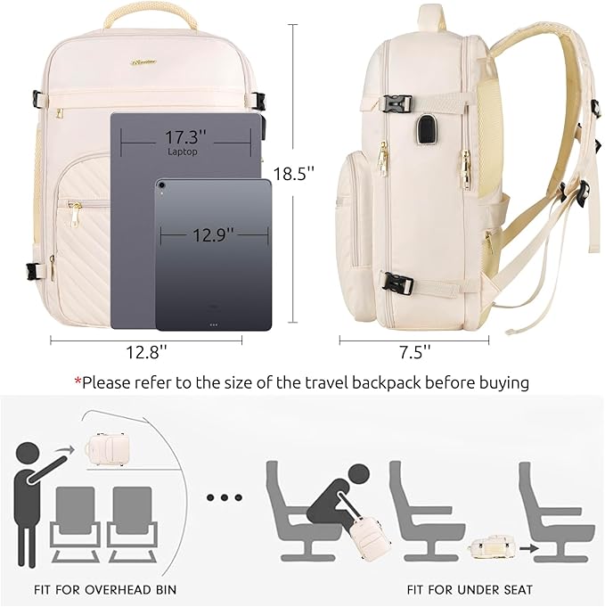 Travel Backpack for Women, Carry On Backpack for Airplanes Flight Approved, Waterproof Large Weekender Overnight Bag Fit 17 Inch Laptop with USB Charging Port, Beige
