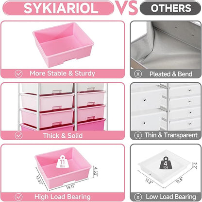 8 Drawers Rolling Storage Cart with Wooden Top, Multipurpose Utility Cart with Opening Shelf & Lockable Wheels, Storage Drawer Cart Organizer for Home Office Craft Room Classroom, Pink