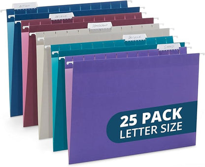 25 Blue Summit Supplies Letter Size Hanging File Folders - Hanging File Folders Letter Size, Assorted Jewel Tone Colors, Includes Plastic Tabs and Inserts, Durable 12pt Paper