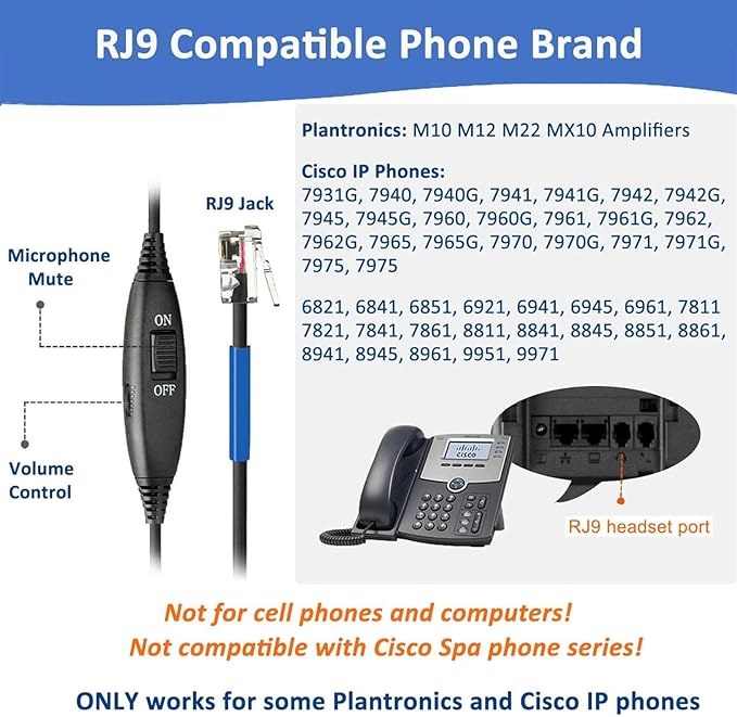 Callez RJ9 Phone Headset for Cisco Office Phones, Corded Telephone Headset with Microphone Noise Cancelling for Cisco IP Phones 6941 7811 7841 7941 7942 7945 7962 7965 7975 8841 8845 8851 8861 8945
