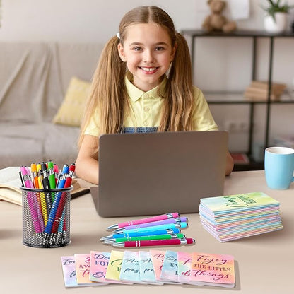 96 Pcs Watercolor Bulk Motivational Pens Inspirational Notepads Set, Pocket Motivational Quote Notebooks Ballpoint Pens, Mini Journals Gift Set for Kids Students Teachers School Office Prizes Supplies