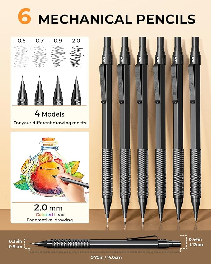 30Pcs Metal Mechanical Pencil Set with Leather Case, 0.5/0.7/0.9/2.0mm Art Drafting Pencils, 16 Tubes Graphite Leads (6B 4B 2B HB 2H 4H) with Colored Leads for Sketching Drawing Writing(Black)