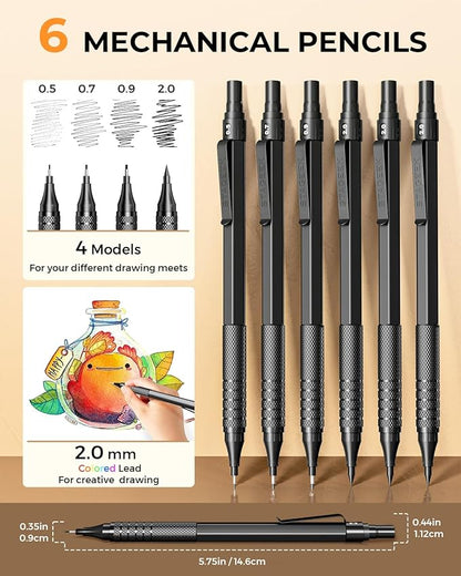 30Pcs Metal Mechanical Pencil Set with Leather Case, 0.5/0.7/0.9/2.0mm Art Drafting Pencils, 16 Tubes Graphite Leads (6B 4B 2B HB 2H 4H) with Colored Leads for Sketching Drawing Writing(Black)