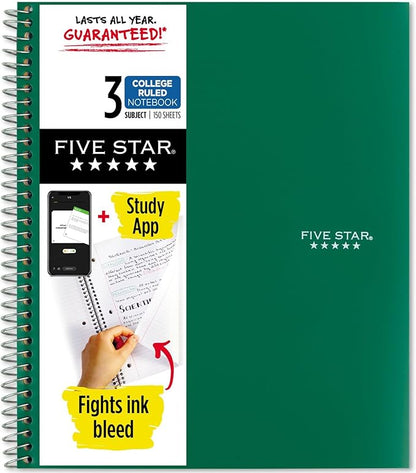 Five Star Spiral Notebook + Study App, 3 Subject, College Ruled Paper, Fights Ink Bleed, Water Resistant Cover, 8-1/2" x 11", 150 Sheets, Green (72067)
