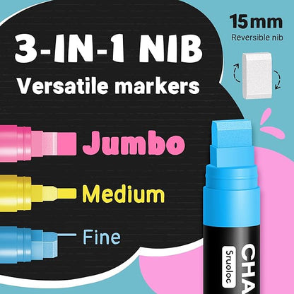 Window Chalk Markers for Glass Washable, 10 Colors Jumbo Liquid Chalk Marker with 15mm 3 in 1 Nib Thick Wide Tips, Big Chalkboard Markers, Car Paint Pen for Auto, Bistro, Mirror, Poster, Blackboards