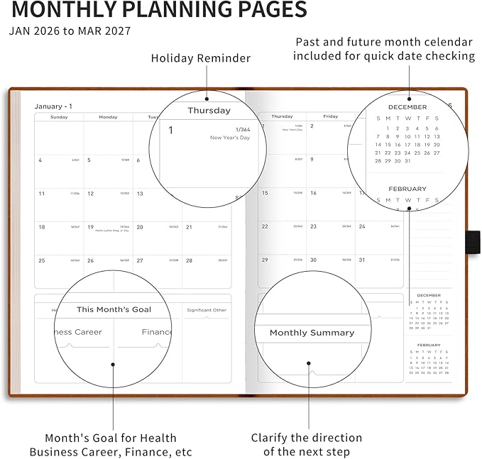 AHGXG 2026 Planner, Weekly and Monthly, Large A4 8.5"x11", Planner 2026-2027, Calendar 15-Months Jan 2026 - Mar 2027, Vegan Leather Softcover, Inner Pocket, Black