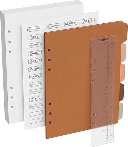 A5 Blank Paper 6-Hole Punched Accessory Kit - 50 Sheets, Ruler, Dividers, and Tab Stickers. 100 GSM, 148mm x 210mm (5.83" x 8.27")