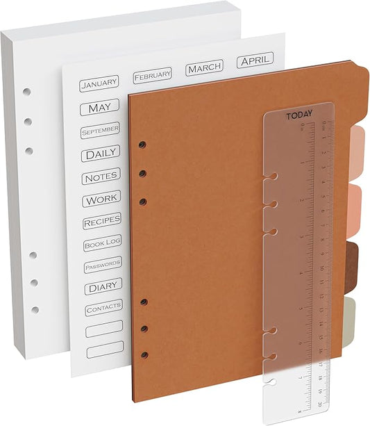 A5 Blank Paper 6-Hole Punched Accessory Kit - 50 Sheets, Ruler, Dividers, and Tab Stickers. 100 GSM, 148mm x 210mm (5.83" x 8.27")