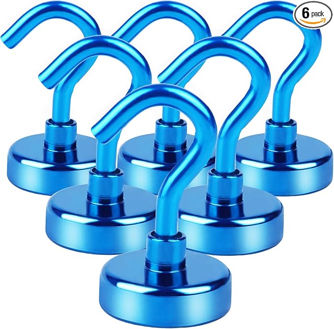 DIYMAG Magnetic Hooks, 30Lbs Strong Heavy Duty Cruise Magnet Hooks for Classroom, Fridge, Hanging, Cabins, Grill, Kitchen, Garage, Workplace and Office etc, (6 Pack-Blue)