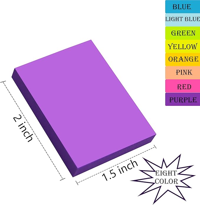 (24 Pads) Sticky Notes 1.5x2 in, 8 Colors Post Self Sticky Notes Pad Its, Bright Post Stickies Colorful Sticky Notes for Office, Home, School, Meeting, 75 Sheets/pad