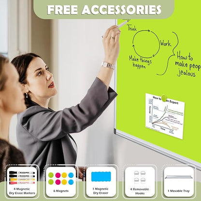WALGLASS Magnetic Whiteboard 24"x18" Dry Erase White Board for Walls with Pen Tray, Aluminium Frame and Dry-Wipe Writing Surface for Kids' Drawing, Home, and Office (Green)