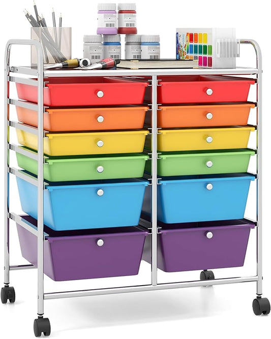 Giantex 12-Drawer Rolling Storage Cart, Multipurpose Movable Organizer Cart, Utility Cart for Home, Office, School (Multicolor)