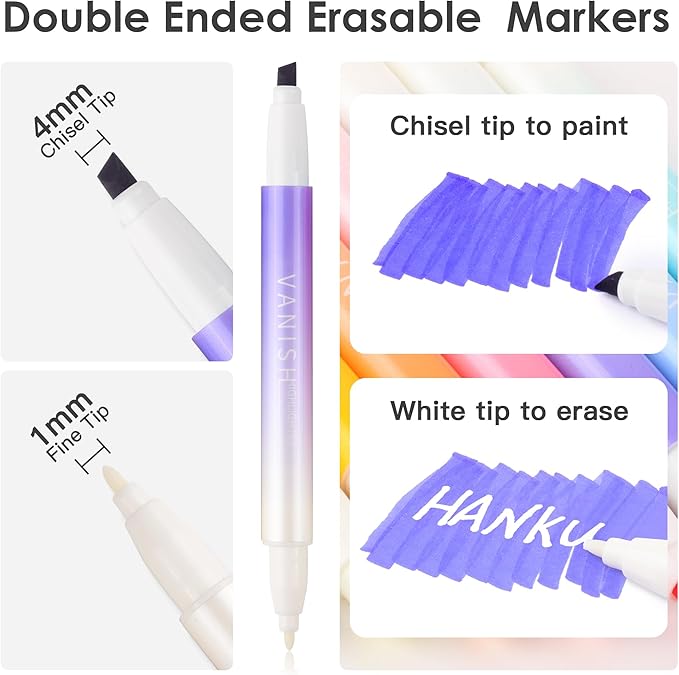 Erasable Highlighters Assorted Colors 12 Pack, Dual Tip Erasable Markers Pens, Chisel Tip Smooth Writing Journaling Highlighters School Office Supplies