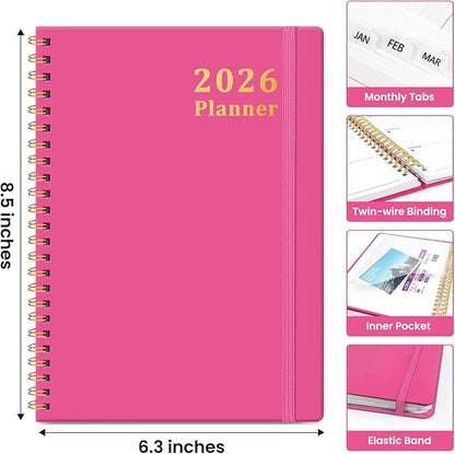 2026 Planner, Weekly and Monthly Calendar Planner, January 2026 - December 2026, Hardcover 2026 Calendar Planner Book with Tabs For Women & Men, Inner Pocket, Spiral Bound, Perfect for Office Home School Supplies - A5 (6.3" x 8.5"), Berry Pink