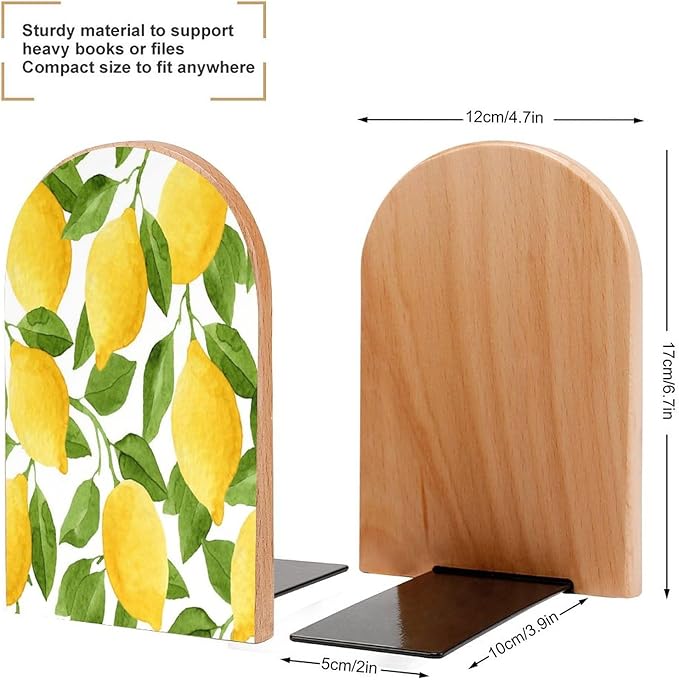 Lemon Tree Leaves Wooden Large Book Ends Bookends for Shelves, 2 Pack Non-Skid Bookends for Heave Books, Book Stoppers Holders for Kitchen Office Library, 6.7x4.7x3.9in