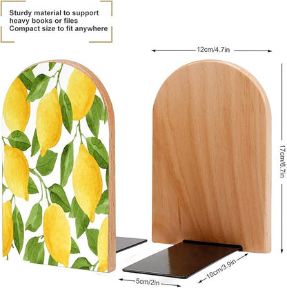 Lemon Tree Leaves Wooden Large Book Ends Bookends for Shelves, 2 Pack Non-Skid Bookends for Heave Books, Book Stoppers Holders for Kitchen Office Library, 6.7x4.7x3.9in