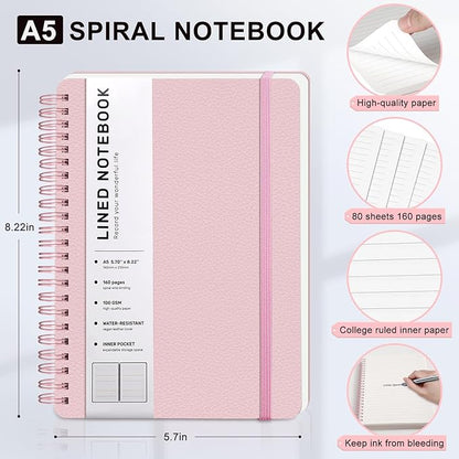 Lined Spiral Journal Notebook, A5 Hardcover Leather Notebook for Work, 5.7''×8.2'', 100GSM Thick Paper Spiral Bound Journaling Notebooks for Women & Men Office School Note Taking Business, Pink