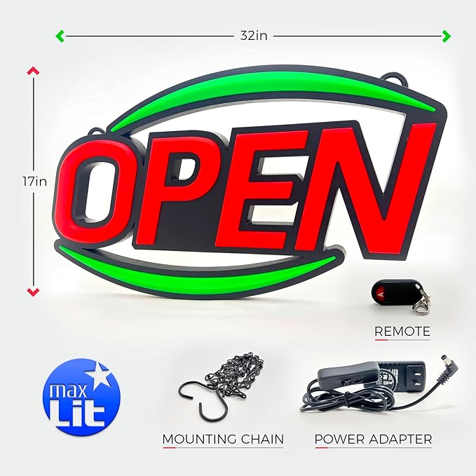 32'' X 17'' New Jumbo ULTRA BRIGHT LED Open Sign — Remote Controlled — Dynamic Light Modes — Enhance Your Business Presence [Red/Green]