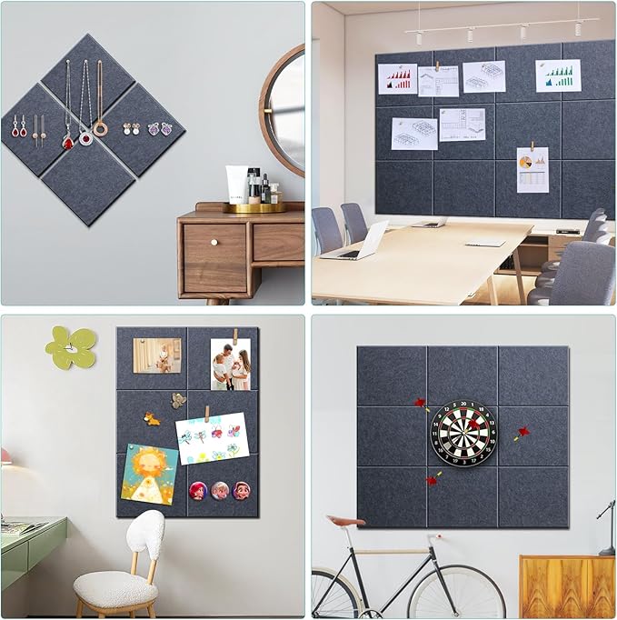 Large Cork Bulletin Board - 48" x 36" Cork Board for Walls - 12 Pack Felt Wall Tiles with Safe Removable Adhesive Tabs - Bulletinboard for Office & School & Home Decor - Drak Grey