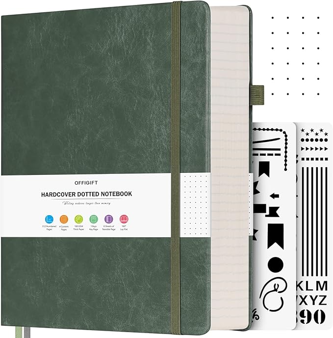 Bullet Dotted Journal, Large A4 Hardcover Leather Journal, 312 Numbered Pages Thick Journal, 100gsm No Bleed Paper Dot Grid Notebook for Women Men, 8.5'' × 11'', Green