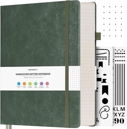 Bullet Dotted Journal, Large A4 Hardcover Leather Journal, 312 Numbered Pages Thick Journal, 100gsm No Bleed Paper Dot Grid Notebook for Women Men, 8.5'' × 11'', Green