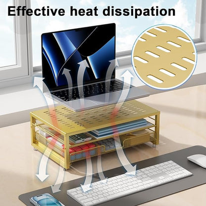 gianotter Computer Monitor Stand Riser, office organizer with Drawer, Office Organizers Storage for Classroom Office Supplies (Gold)