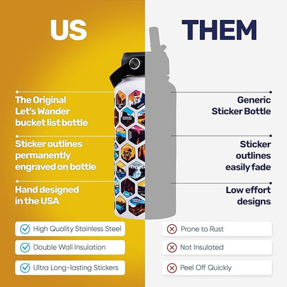 LET'S WANDER National Parks Water Bottle with Waterproof Stickers - 32oz Leakproof Insulated Stainless Steel with Straw - Parks of the USA Hiker Bucket List Gift Bottle [BLUE]