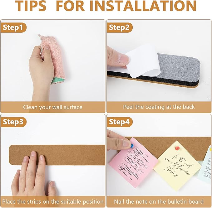 Felt Pin Board Bar Strips Bulletin Board for Bedrooms Offices Home Wall Decoration, Notice Board Self Adhesive Cork Board with 35 Push Pins for Paste Notes, Photos, Schedules