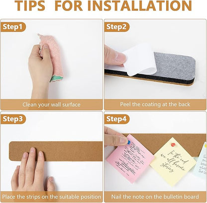 Felt Pin Board Bar Strips Bulletin Board for Bedrooms Offices Home Wall Decoration, Notice Board Self Adhesive Cork Board with 35 Push Pins for Paste Notes, Photos, Schedules