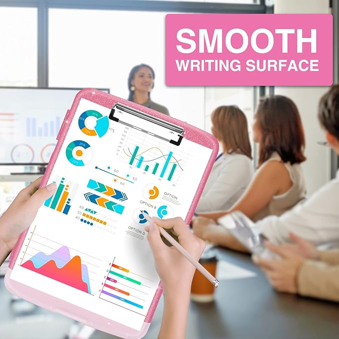 Sooez Glitter Clipboard with Storage, High Capacity Storage Clipboard with Pen Holder, Cute Clip Boards 8.5x11 with Low Profile Clip, Sparkle Plastic Clipboard Case Box for Women & Kids, Side Opening