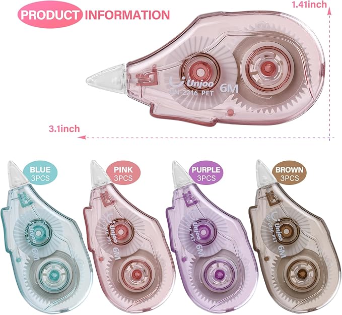 White Correction Tape, Easy To Use Applicator for Instant Corrections Wrong Writing At Any Time, For school, Office (6M/256" x 0.2",4 colors, 12pack)