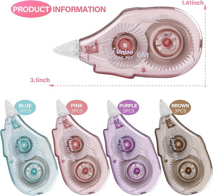 White Correction Tape, Easy To Use Applicator for Instant Corrections Wrong Writing At Any Time, For school, Office (6M/256" x 0.2",4 colors, 12pack)