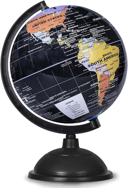 8 Inch World Globe with Stand Rotating Earth Spinning Globe for Kids Geography Classroom Education or Decorations (Black)