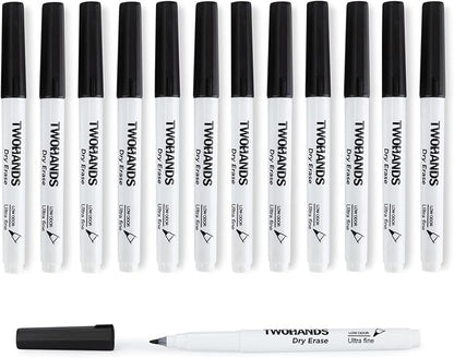TWOHANDS Dry Erase Markers Ultra Fine Tip,0.7mm,Low Odor,Extra Fine Point,Black,Whiteboard Markers for Office,Home,or Planning Whiteboard,12 Count,20536