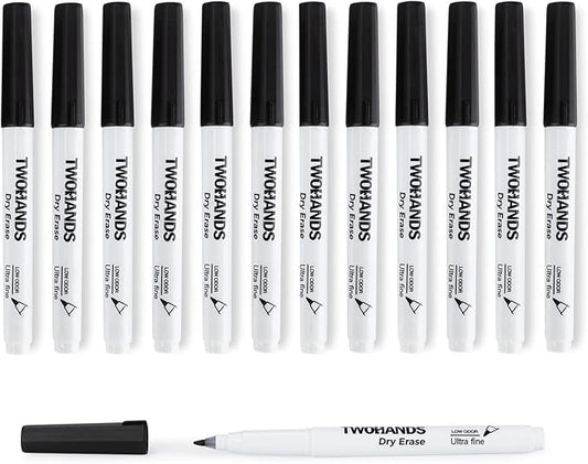 TWOHANDS Dry Erase Markers Ultra Fine Tip,0.7mm,Low Odor,Extra Fine Point,Black,Whiteboard Markers for Office,Home,or Planning Whiteboard,12 Count,20536