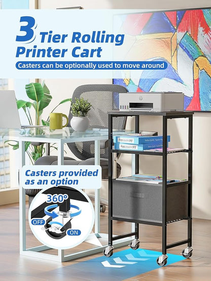 Printer Stand with Drawer Storage, 3 Tier - Heavy Duty Metal Shelving Unit with Wood Desktop, Industrial Printer Side Table with Wheels for Scanner Fax Machine, Black