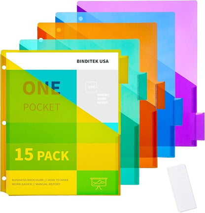 Binditek 15 Pack Plastic Dividers with Front Pocket, 5-Tab Insertable Poly Pocket Dividers for 3 Ring Binders, Letter Size, Multicolor, 3 Set, for Students and Coworkers