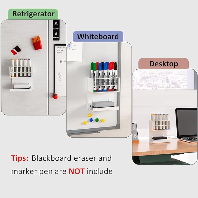 White Magnetic Dry Erase Marker Holder for Whiteboard, Wall Mounted Marker Holder Stand with 10 Marker Slots and Eraser Holder for Office School Home (White, 1)